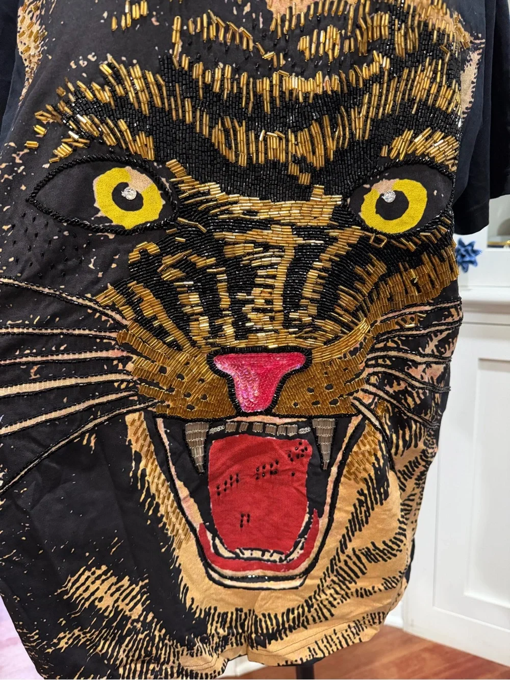 Gucci Black Tee with Large Beaded Tiger Face Graphic